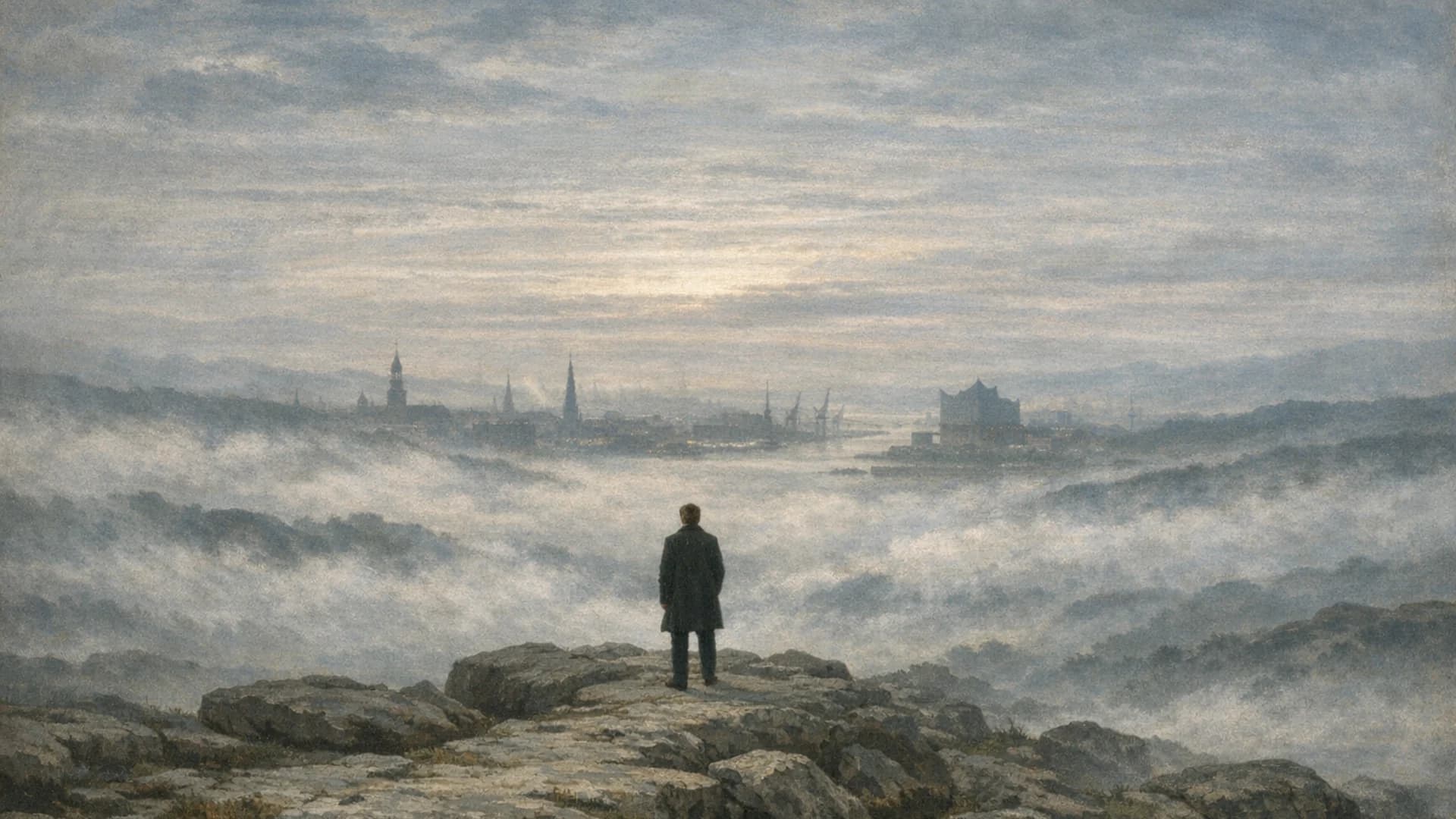 Malerische Neuinterpretation eines Wanderers über dem Nebel mit Hamburg in der Ferne